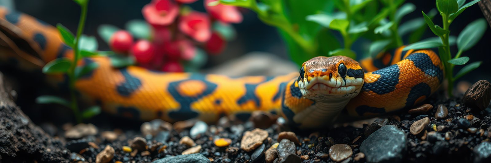 Vibrant snake resting among plants in a natural habitat setting during the daytime